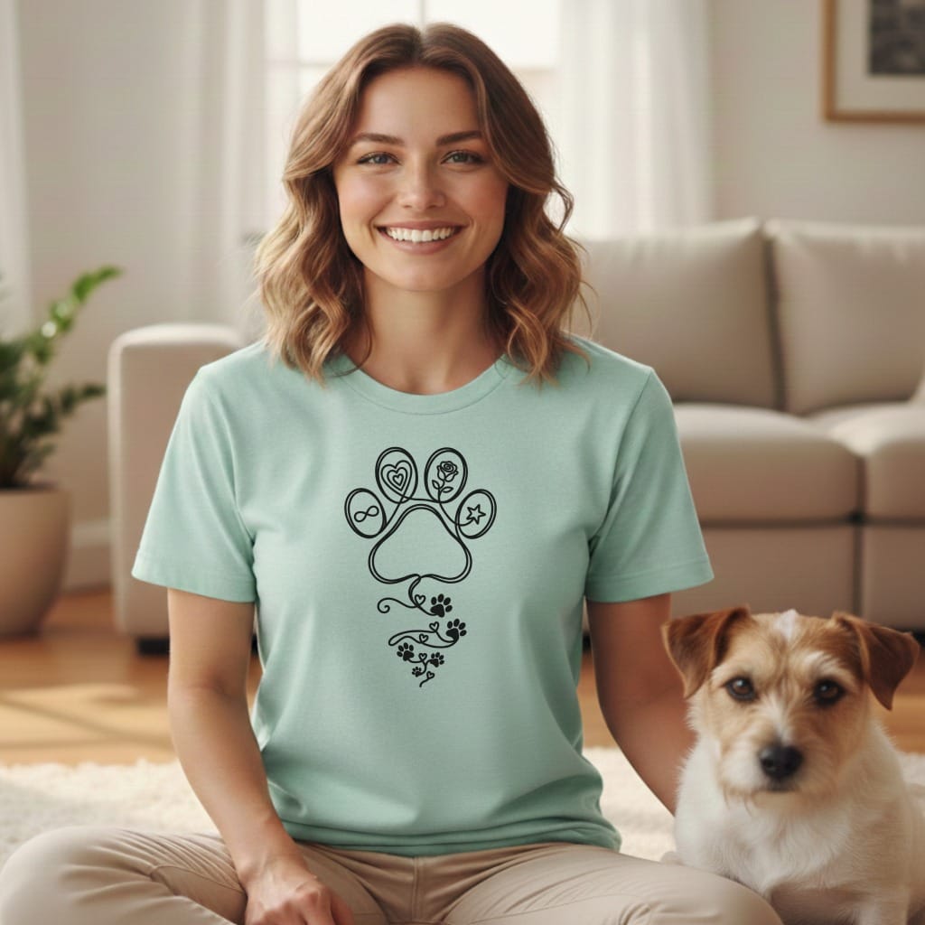Woman wearing a mint green t-shirt with a paw print vine design, sitting with a dog.