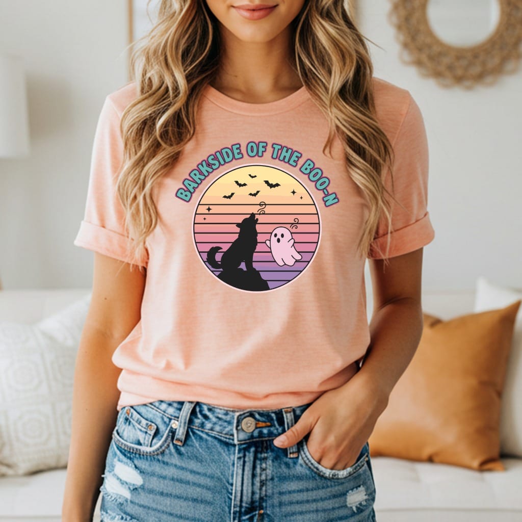 T-shirt with a round graphic of a howling wolf and ghost under the text "BARKSIDE OF THE BOO-N".