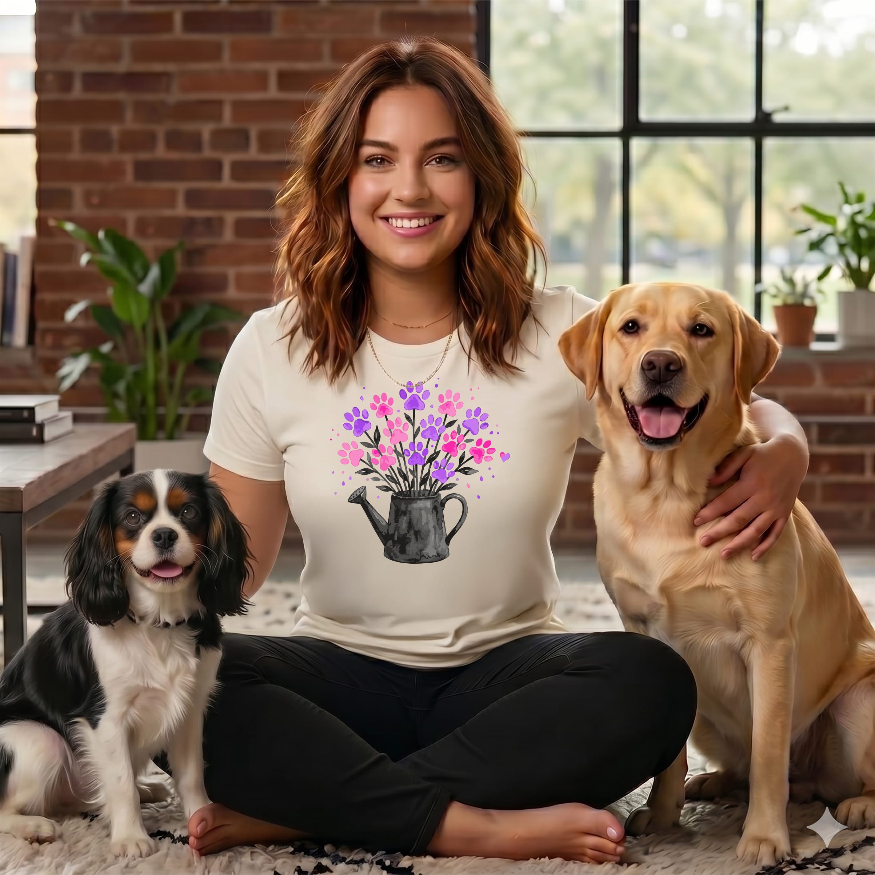 Woman with two dogs, floral watering can graphic on shirt.