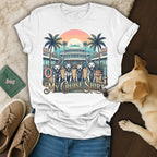 White t-shirt with "My Cruise Shirt" text and graphic of dogs on a cruise ship.