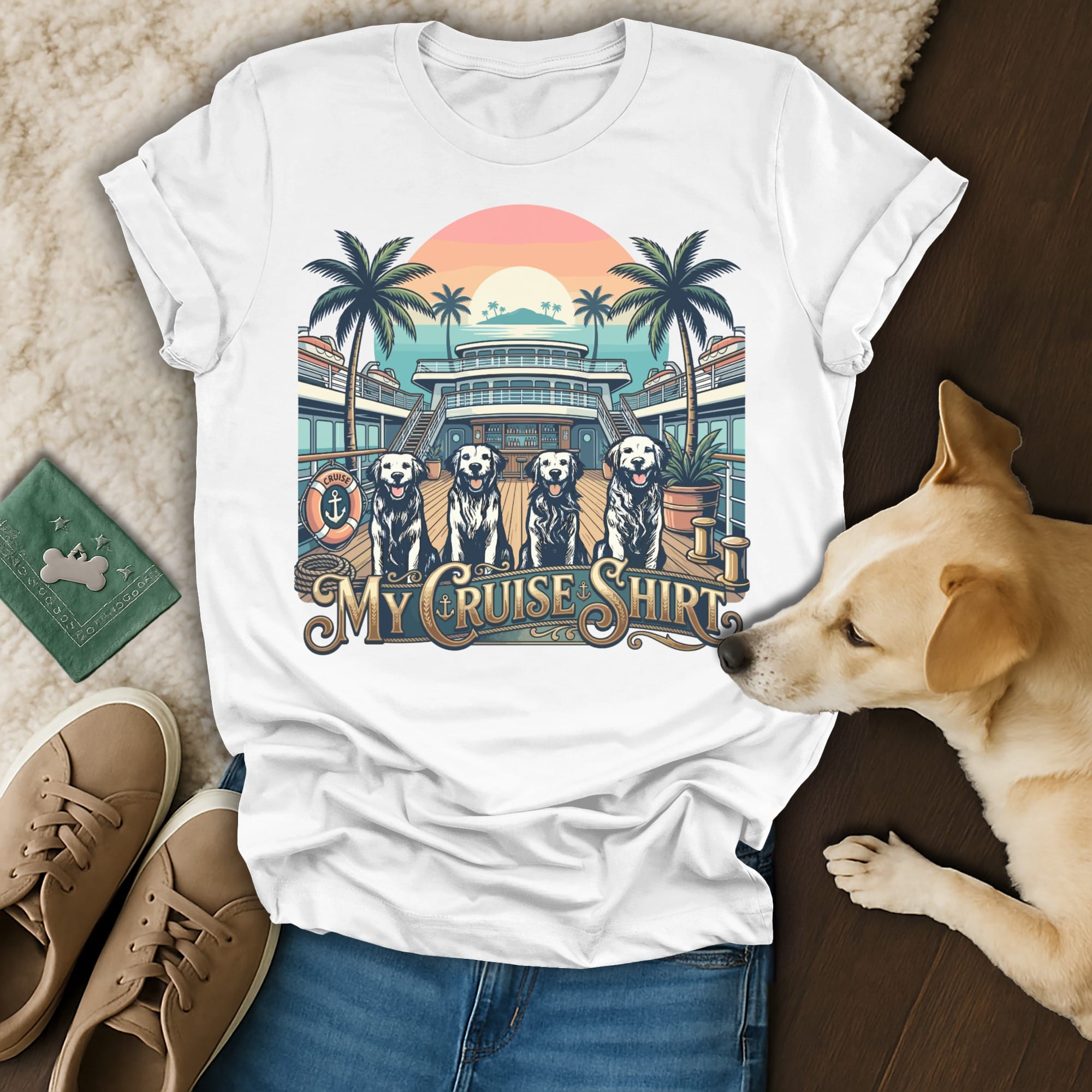 White t-shirt with "My Cruise Shirt" text and graphic of dogs on a cruise ship.