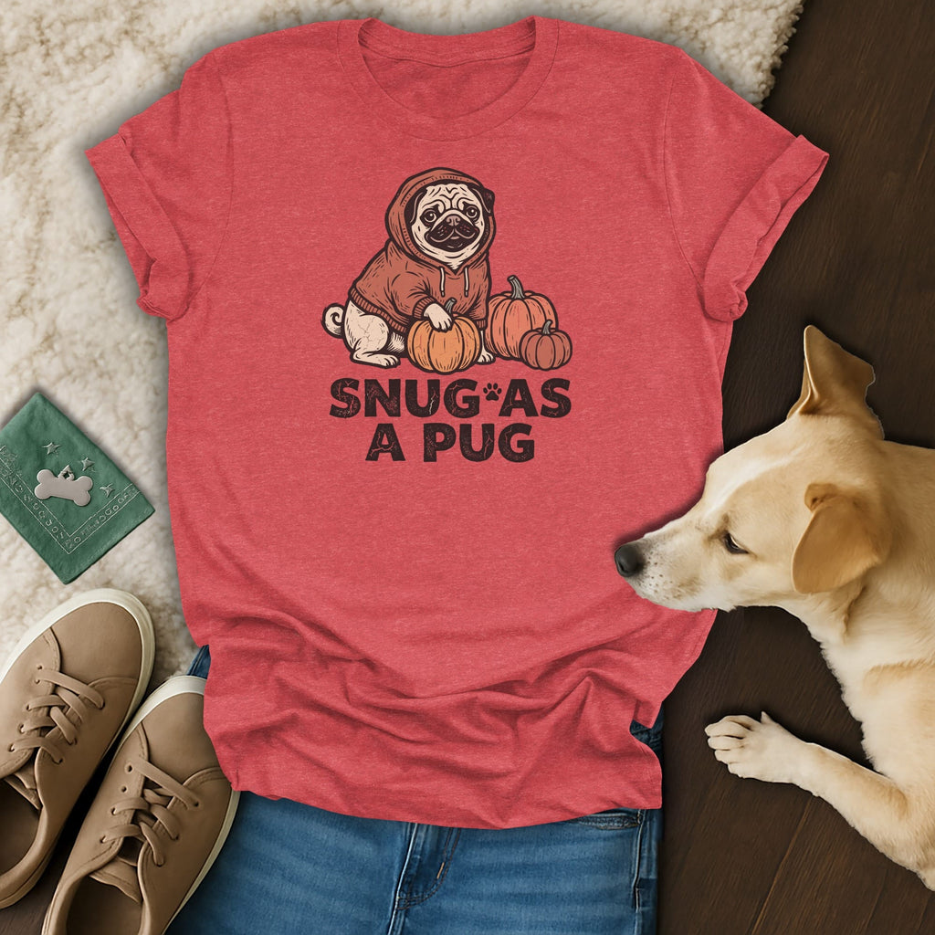 Red t-shirt with pug graphic and text "SNUG AS A PUG".