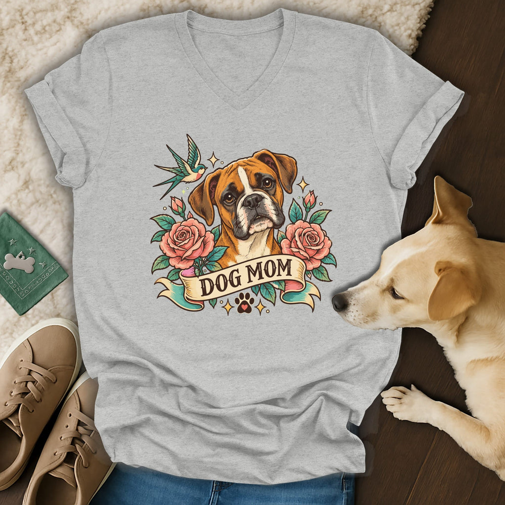Heather grey V-neck t-shirt featuring a Boxer dog graphic with roses and the text DOG MOM.