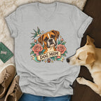 Heather grey V-neck t-shirt featuring a Boxer dog graphic with roses and the text DOG MOM.