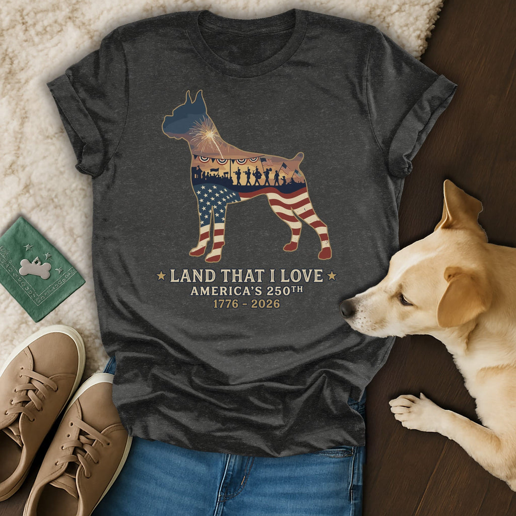 Boxer dog silhouette filled with American flag and patriotic scene.