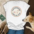 White t-shirt with a dachshund graphic and "Long On Love" text.