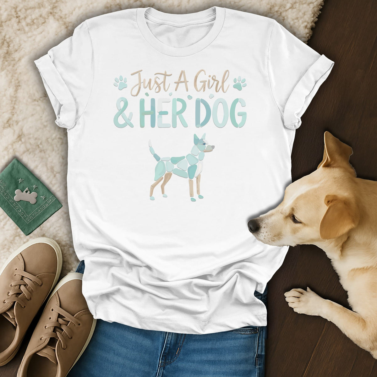 White t-shirt with text "Just A Girl & HER DOG" and abstract dog graphic.