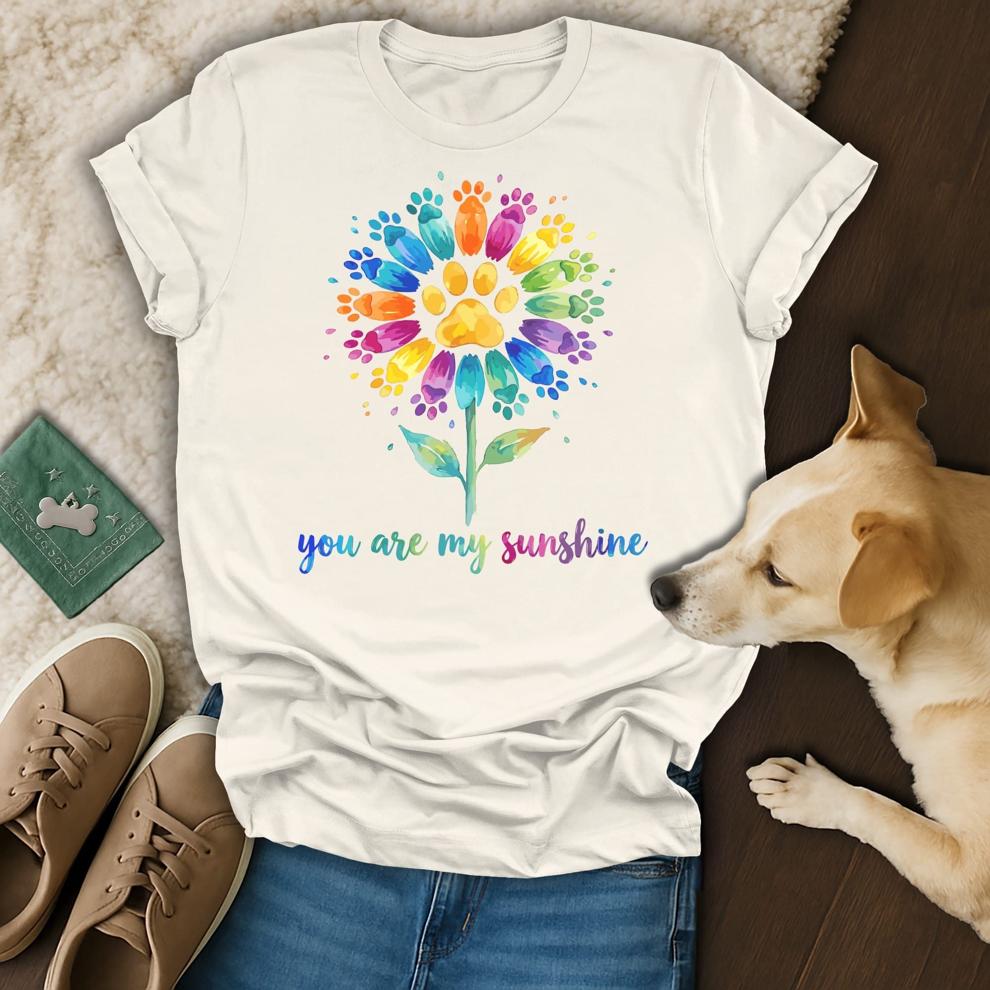 White t-shirt with colorful paw print flower and "you are my sunshine" text.