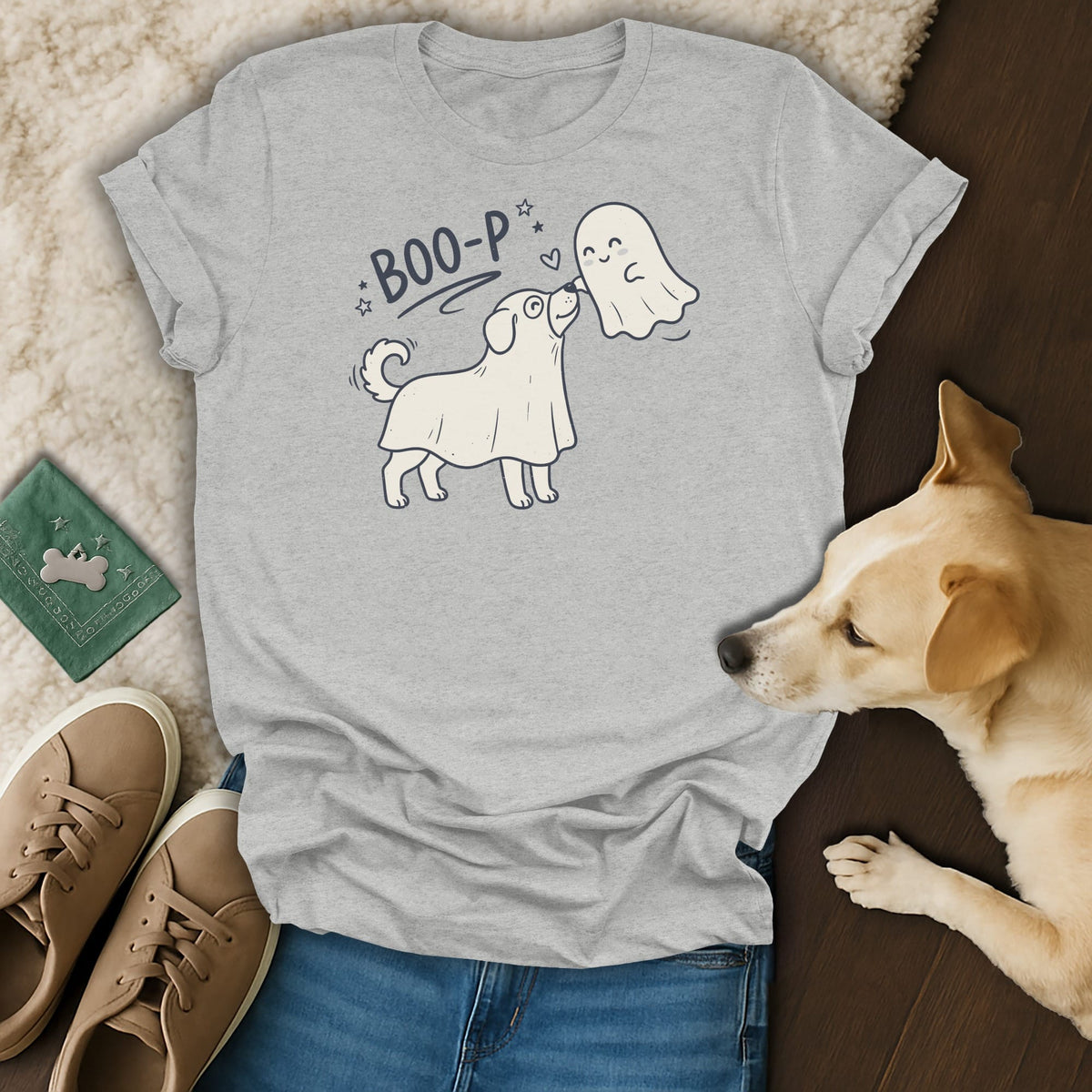 Grey t-shirt with cartoon dog dressed as a ghost saying "BOO-P" to a ghost.