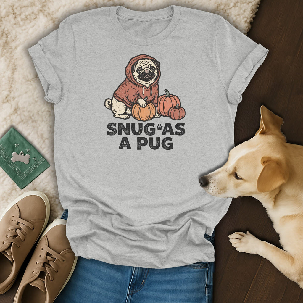 Grey t-shirt with a pug wearing a hoodie and pumpkins, text "Snug as a Pug".