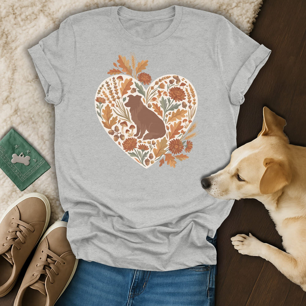 Grey t-shirt with a dog inside a heart made of autumn leaves and flowers.