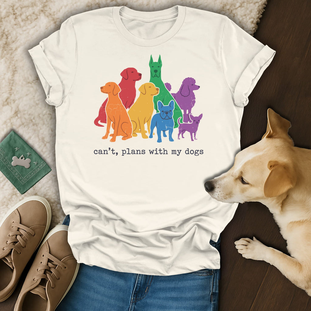 T-shirt with rainbow-colored dog silhouettes and "can't, plans with my dogs" text.