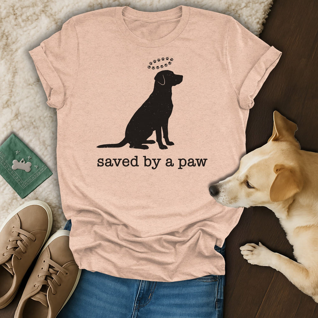T-shirt with a black dog silhouette and "saved by a paw" text.