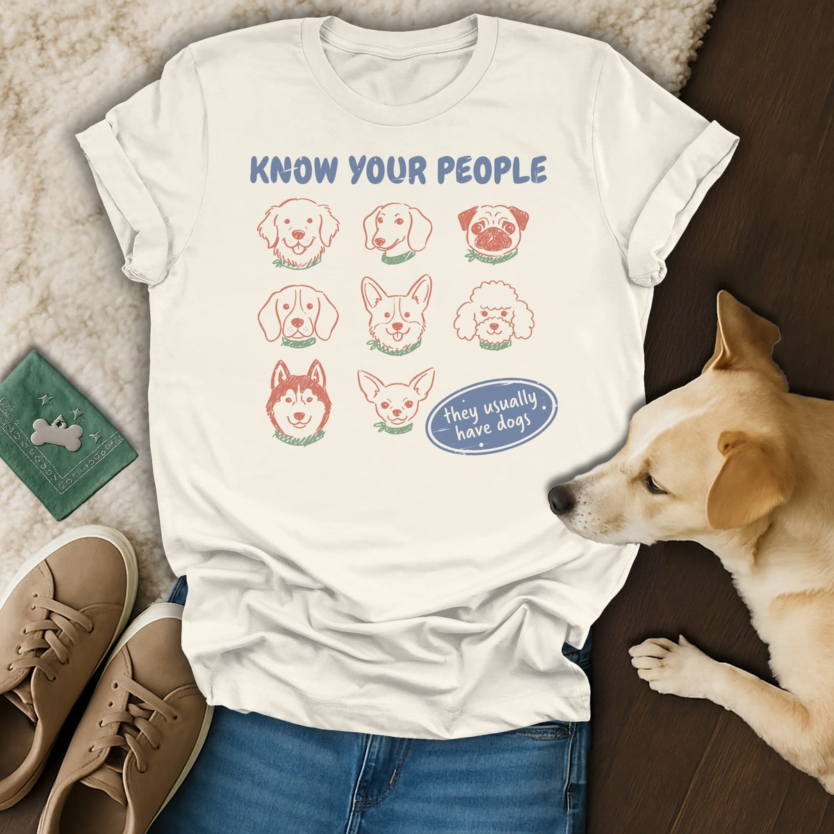 Cream t-shirt with "Know Your People" text and nine dog faces, "they usually have dogs" speech bubble.