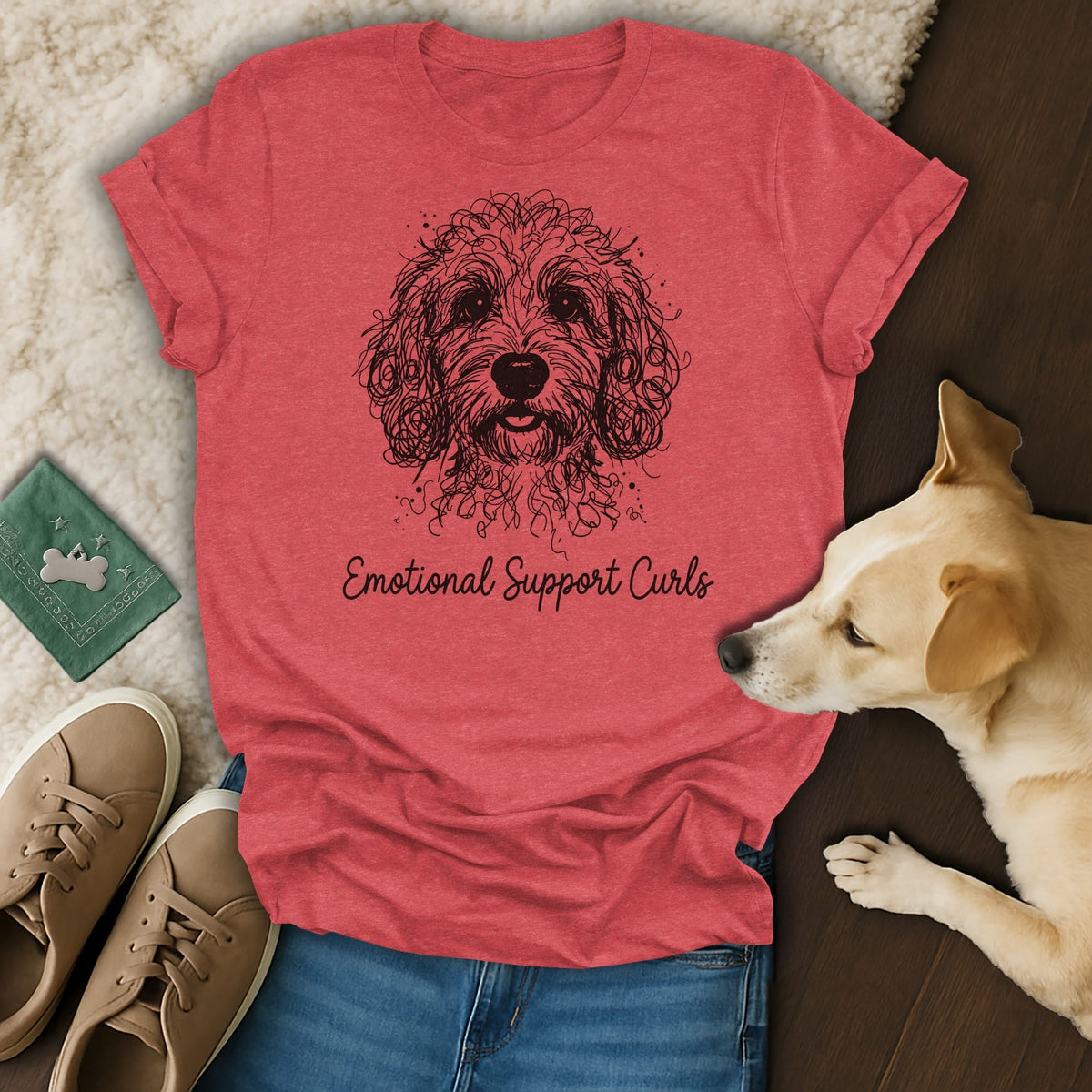 Red t-shirt with a black ink drawing of a dog and the text "Emotional Support Curls".