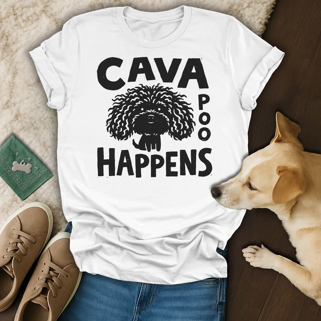 White t-shirt with "CAVA POO HAPPENS" text and doodle dog graphic.