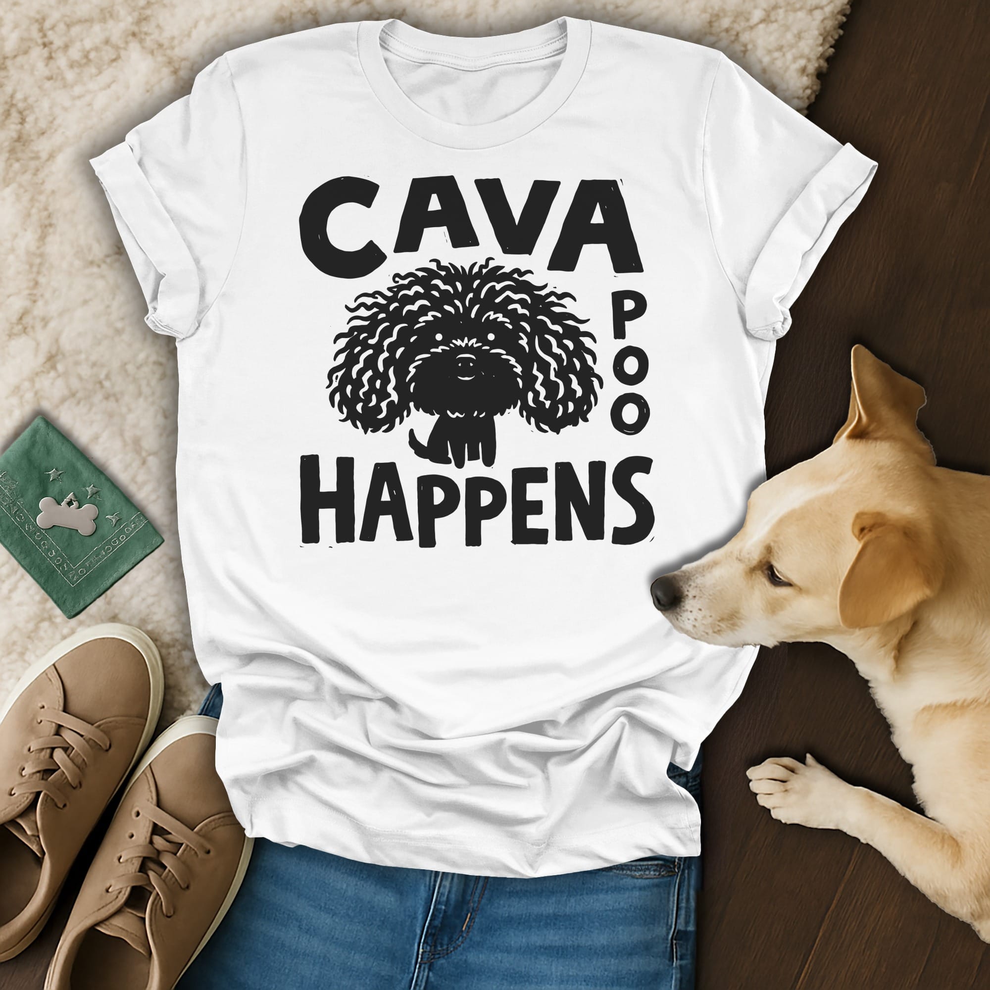 White t-shirt with "CAVA POO HAPPENS" text and doodle dog graphic.