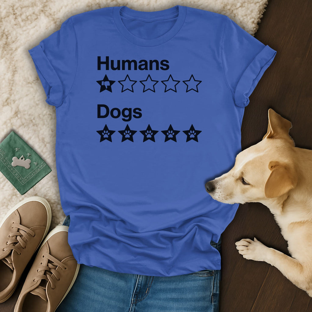 Blue t-shirt with text "Humans 1/5 stars" and "Dogs 5/5 stars."