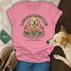 Pink crewneck t-shirt featuring a Labrador Garden Club graphic with tulips and gardening tools.
