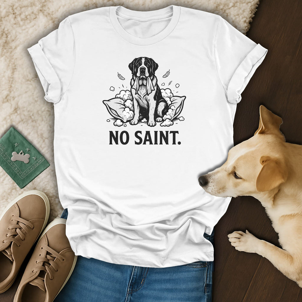 White t-shirt with black line drawing of a dog and text "NO SAINT."