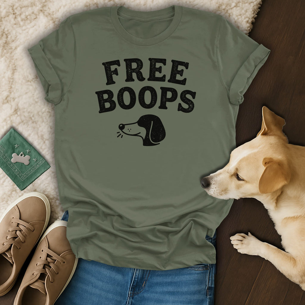 Olive t-shirt with "FREE BOOPS" text and dog head graphic.