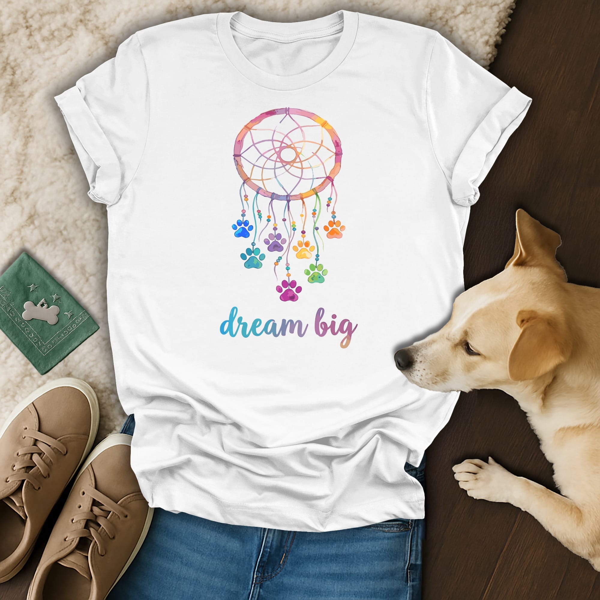 White t-shirt with colorful dreamcatcher and paw prints, "dream big" text.