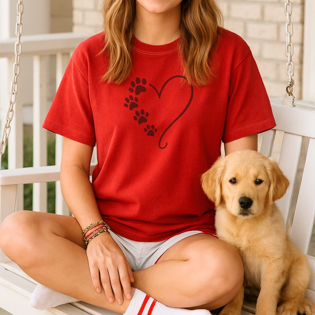 Heart and Paw Print Design on Red T-shirt Product