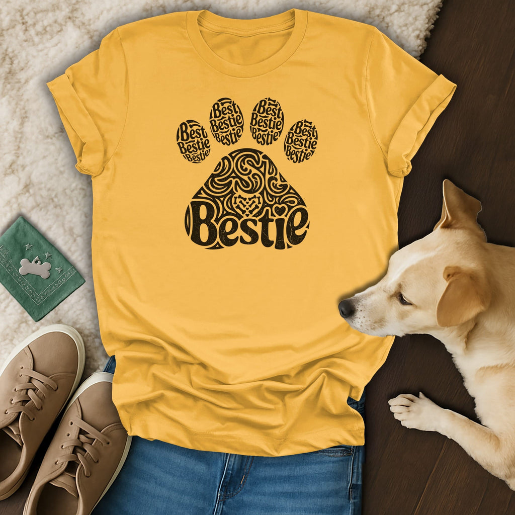 Yellow t-shirt with a paw print design that reads "Best Bestie".