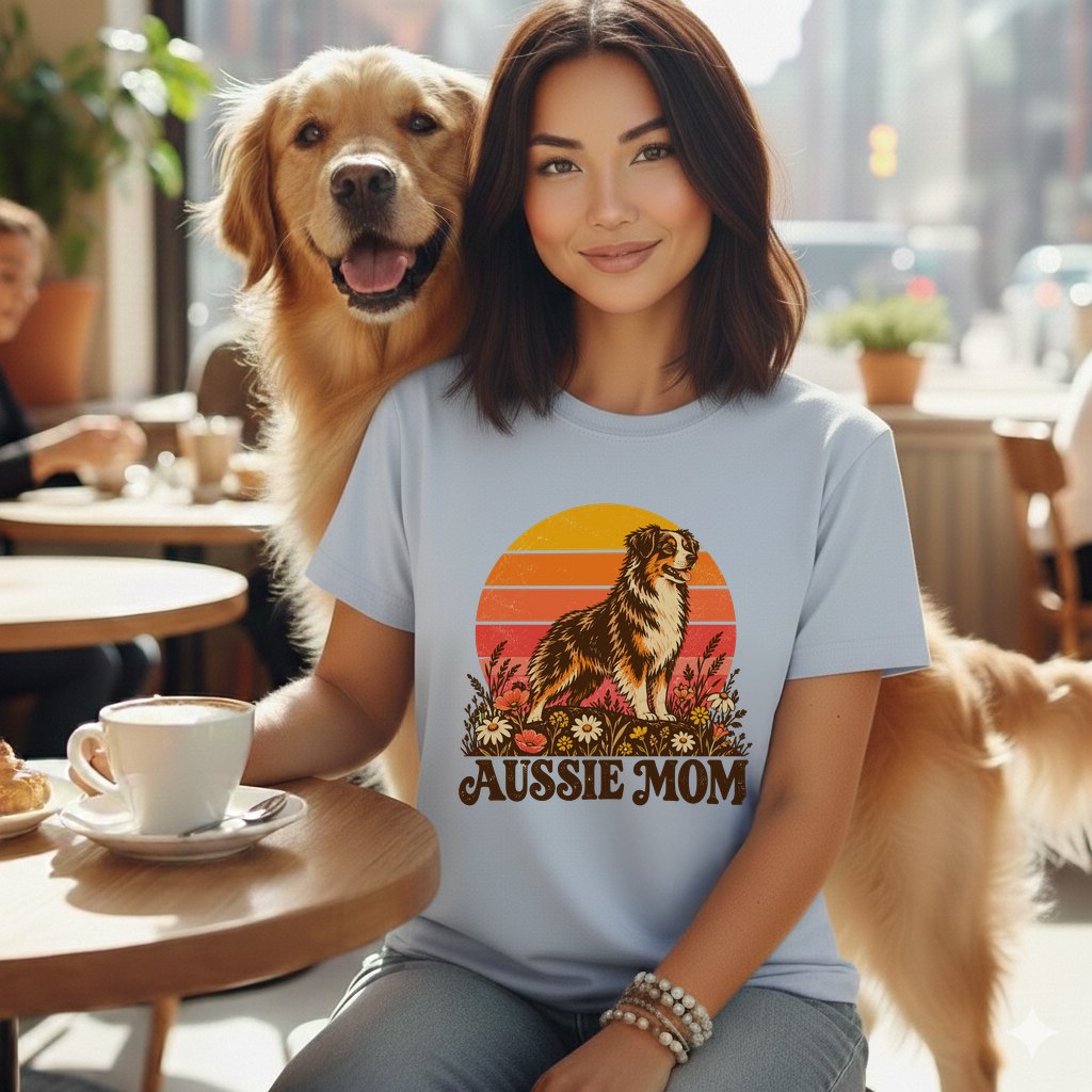 A smiling woman wearing a light blue t-shirt with an Aussie Mom graphic while seated beside a golden retriever.