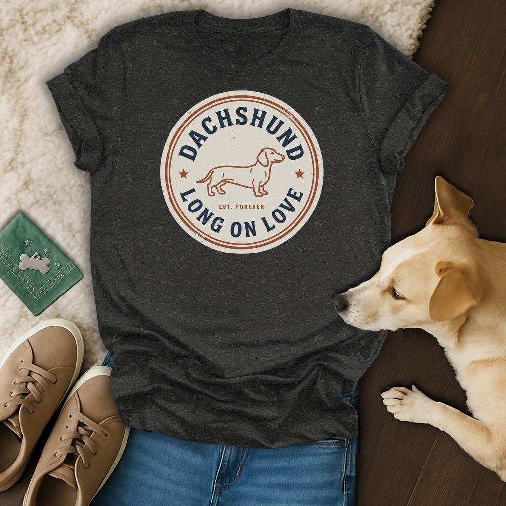 Dark grey t-shirt with "Dachshund Long On Love" graphic and a dachshund silhouette.