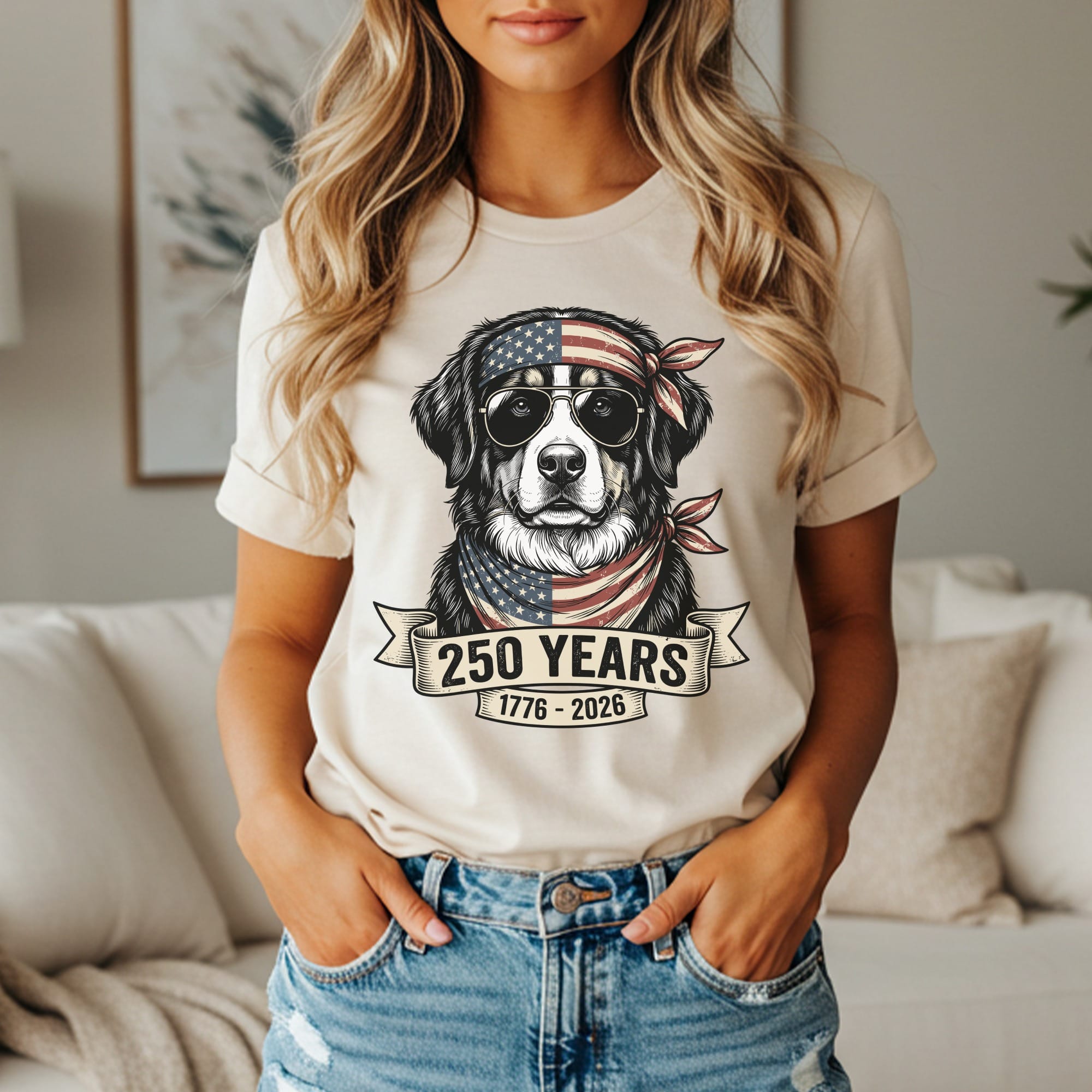 Dog wearing sunglasses and bandana with "250 years 1776-2026" text.