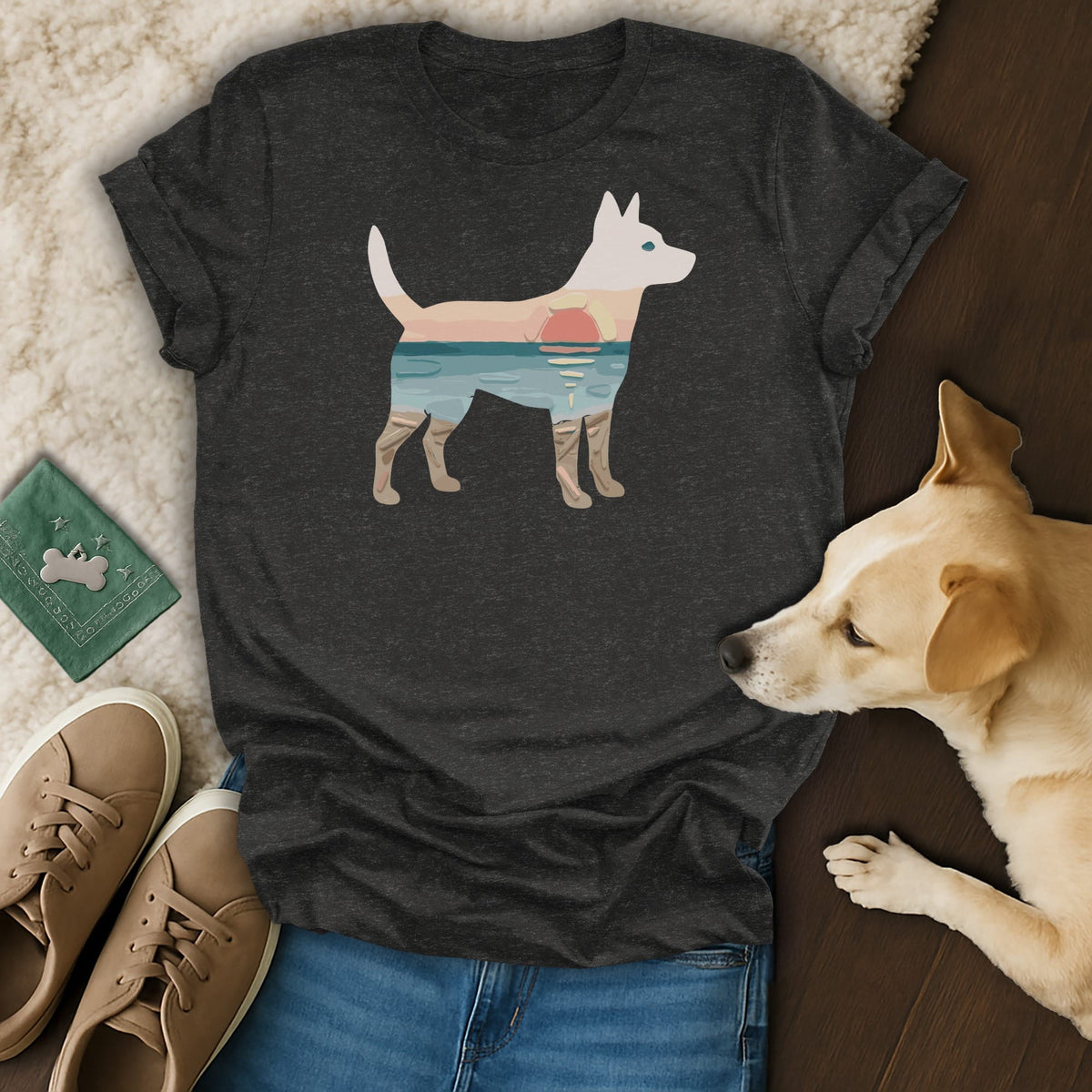 Dark grey t-shirt with a white dog silhouette filled with a beach sunset landscape.