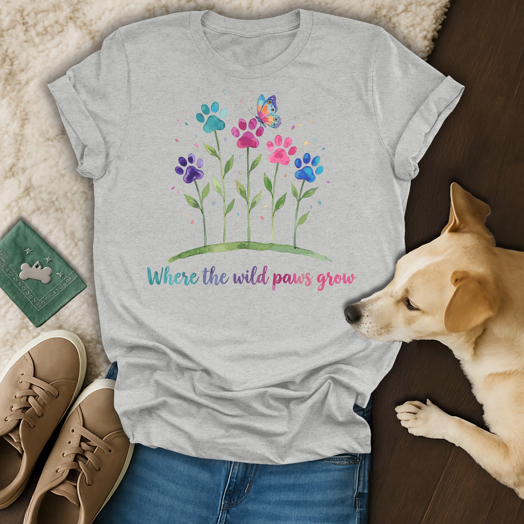 Gray t-shirt with colorful paw prints and butterfly, text "Where the wild paws grow."