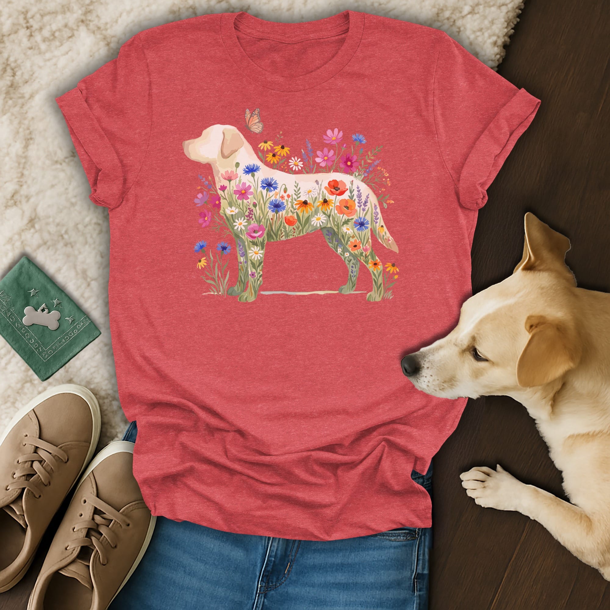 Red t-shirt with a cream Labrador silhouette filled with colorful flowers and a butterfly.