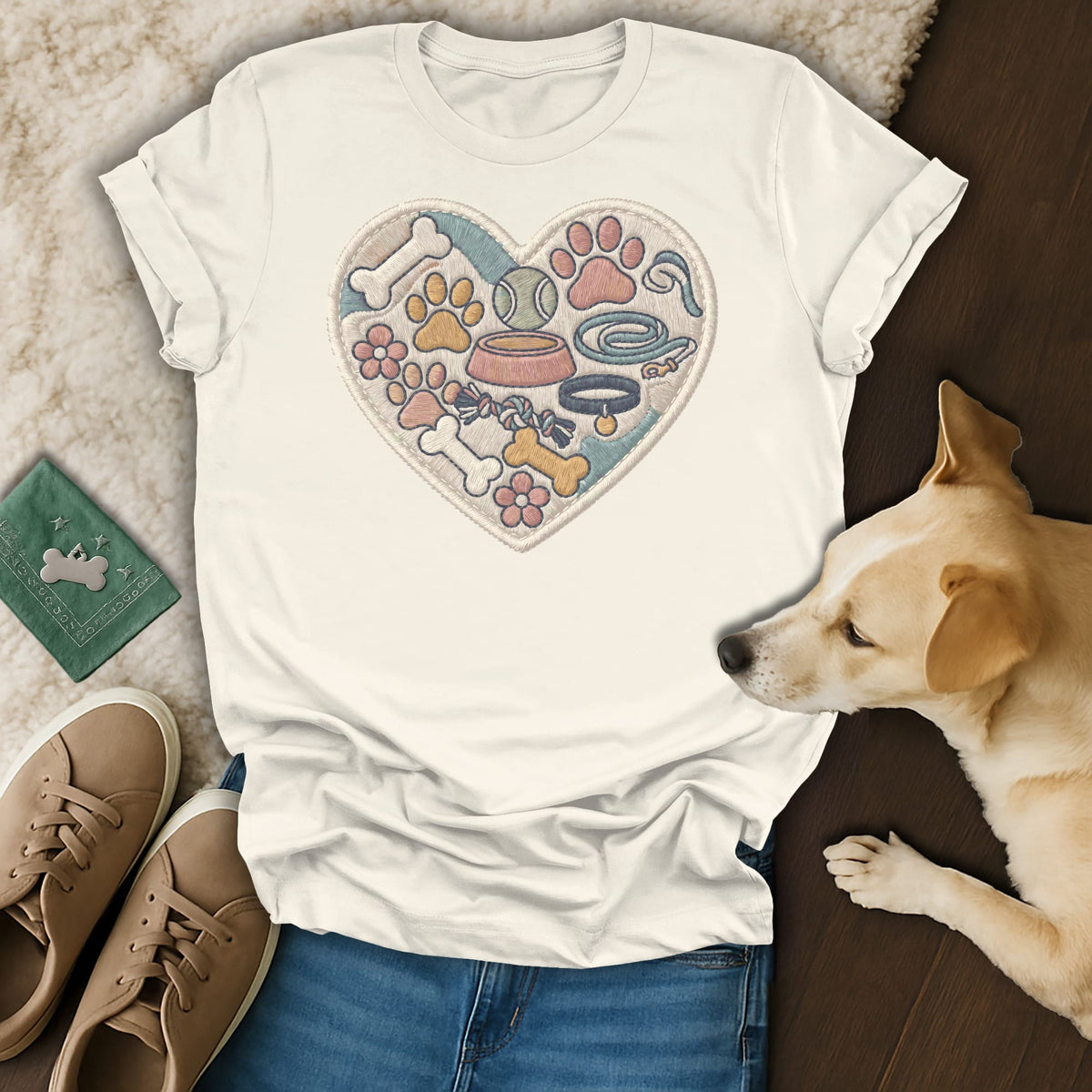 Cream t-shirt with embroidered heart of dog toys, paws, and bones.