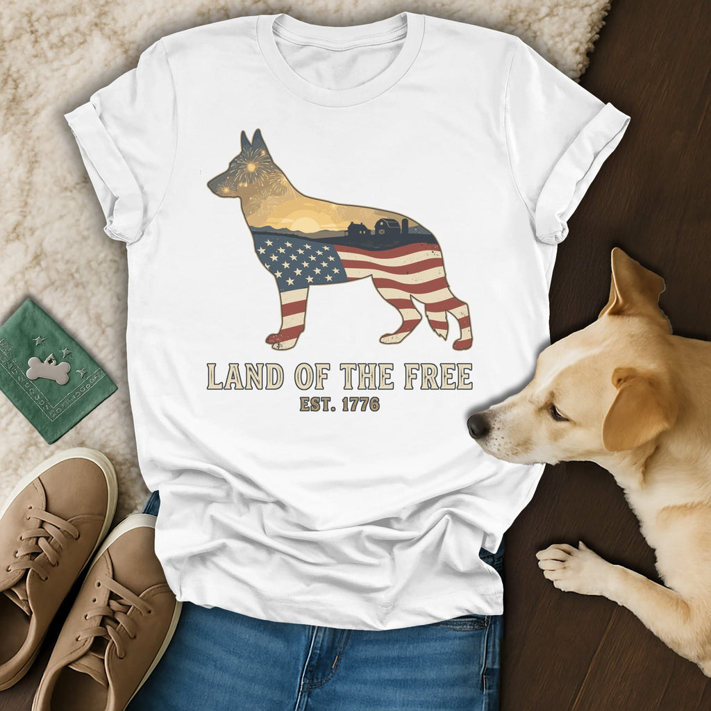 White t-shirt with German Shepherd silhouette, flag, and "LAND OF THE FREE" text.