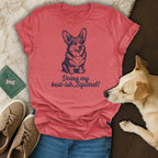 Corgi on heather red t-shirt with "Doing my best-ish...Squirrel!" text.