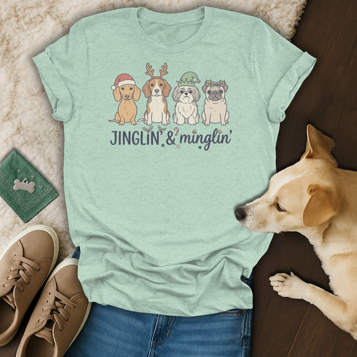 Light mint t-shirt with four dogs and text "JINGLIN' & minglin'".