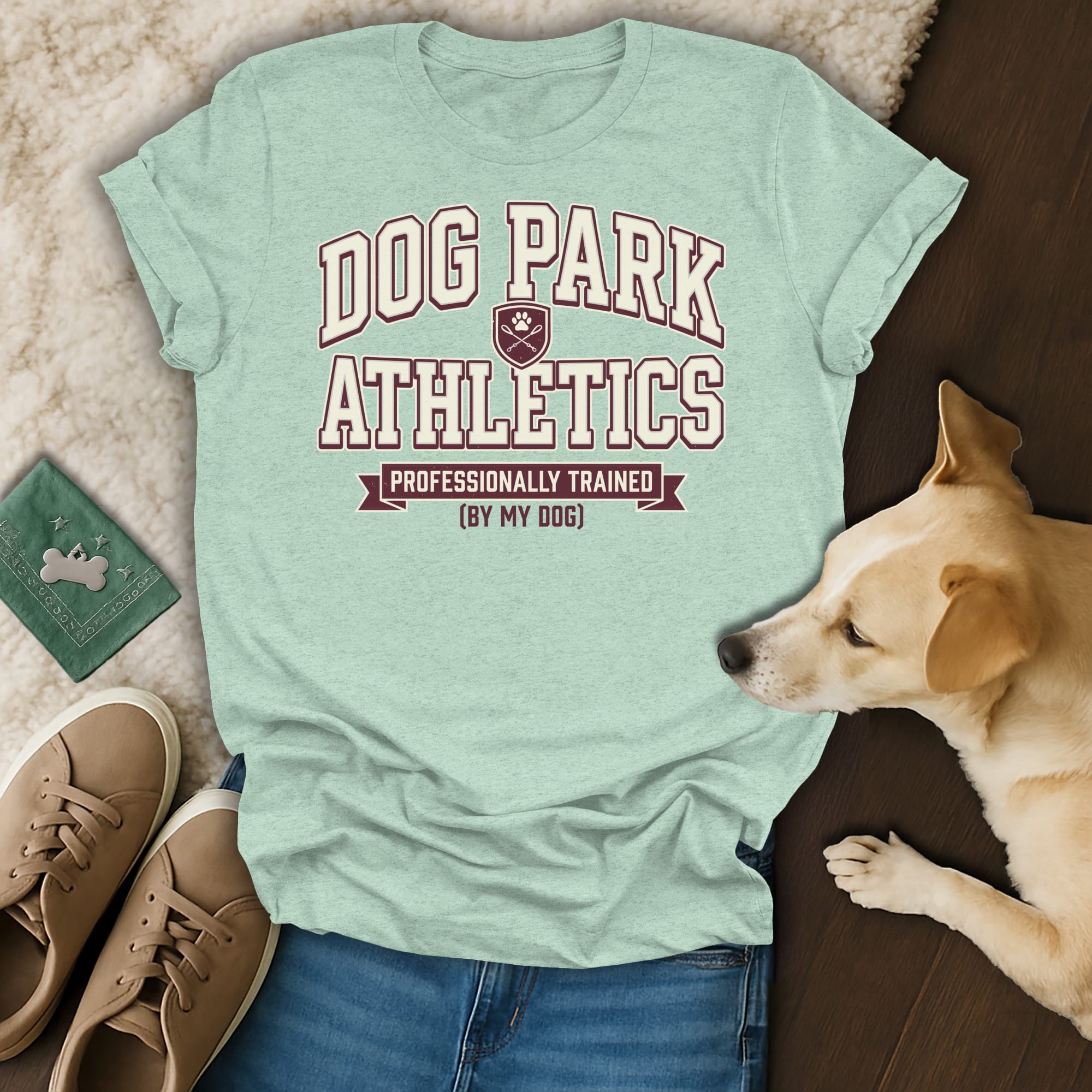 Light green t-shirt with "Dog Park Athletics" and "Professionally Trained (By My Dog)" text.