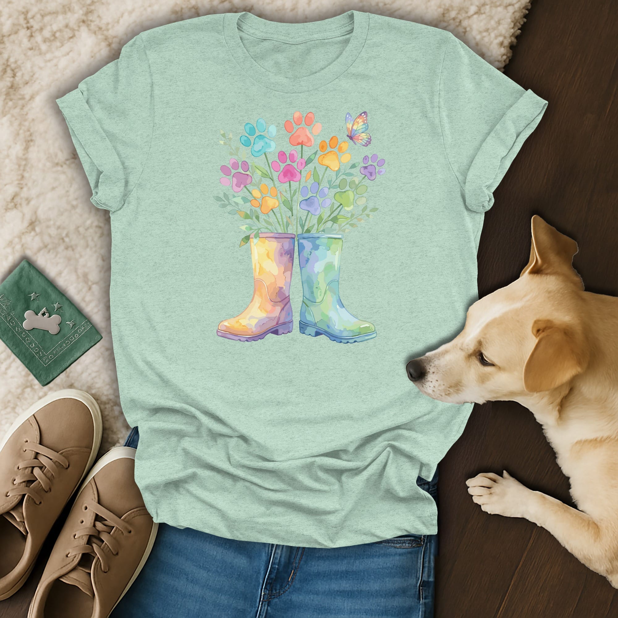 Mint t-shirt with watercolor boots, paws, flowers, and butterfly design.