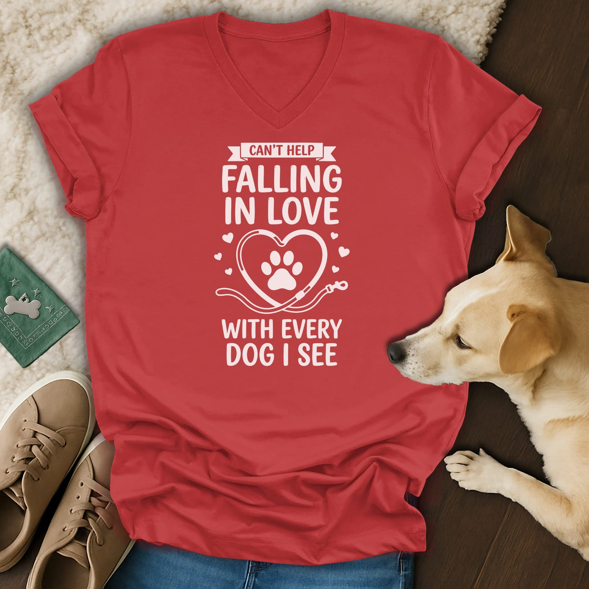 Red V-neck t-shirt with text "Can't Help Falling In Love With Every Dog I See"