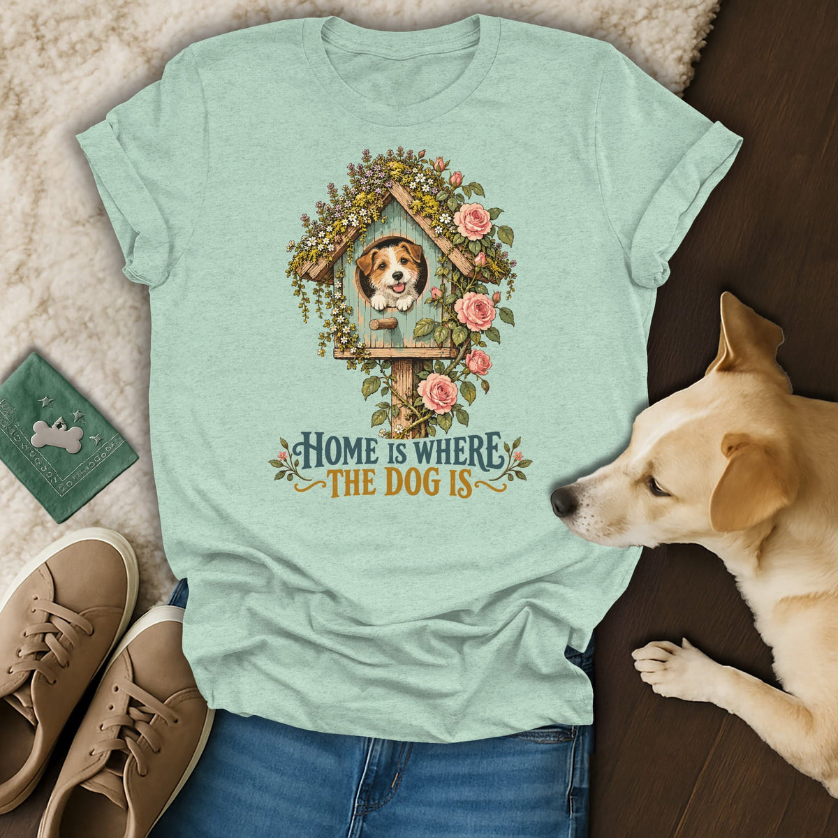Mint green t-shirt with a graphic of a dog in a birdhouse and text that reads "Home is where the dog is."