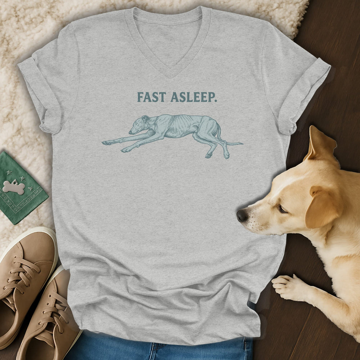 Grey v-neck t-shirt with "FAST ASLEEP." and a drawing of a dog.