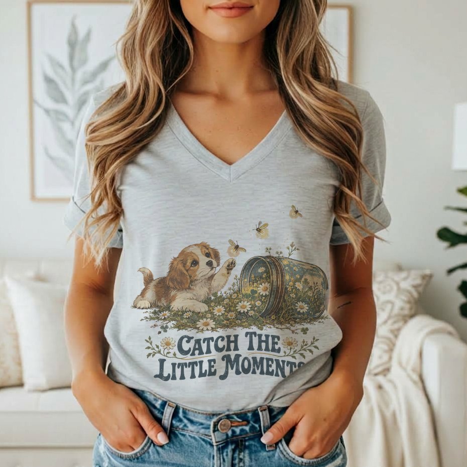 A woman wearing a heather gray V-neck t-shirt featuring a graphic of a puppy reaching toward bees and flowers, with the text Catch the Little Moments.