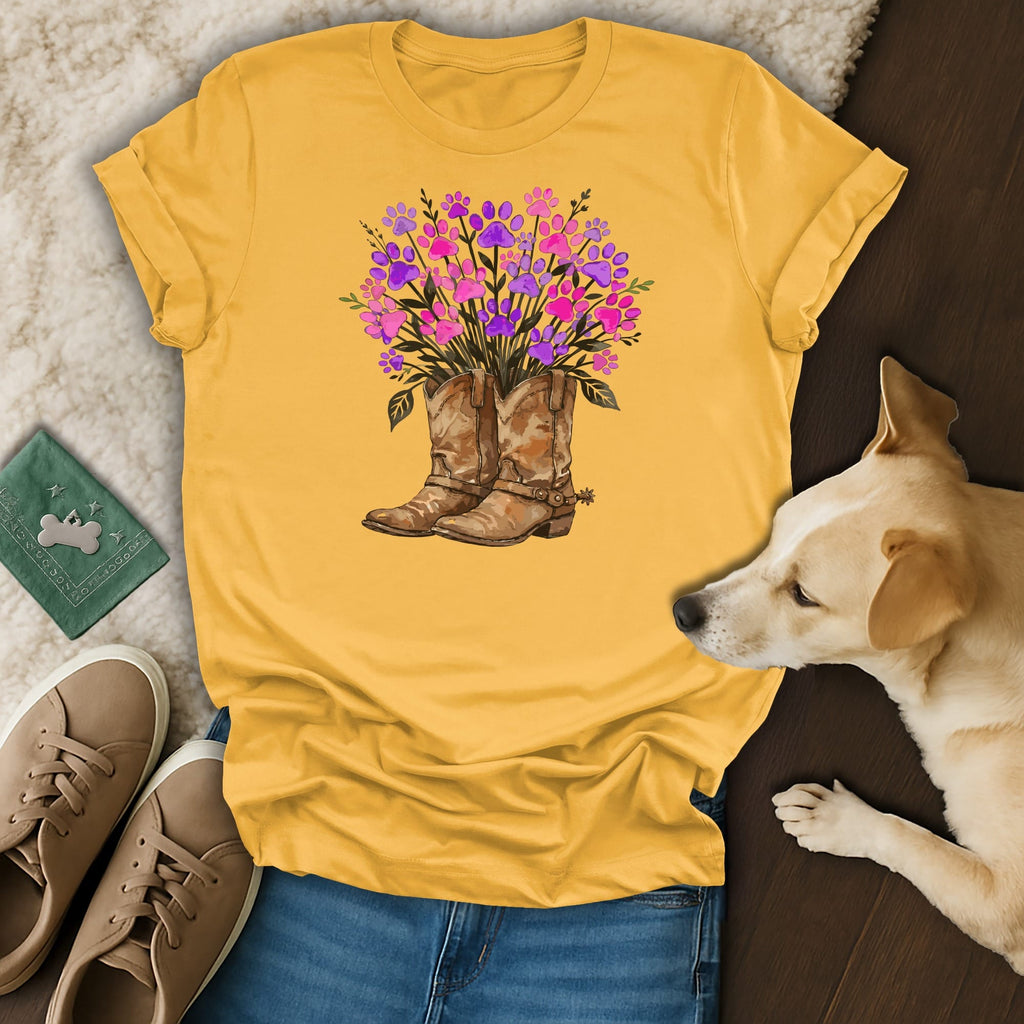 Yellow t-shirt with cowboy boots and paw print flowers.