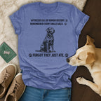 Blue t-shirt with text about witnessing history, remembering walks, and forgetting meals.