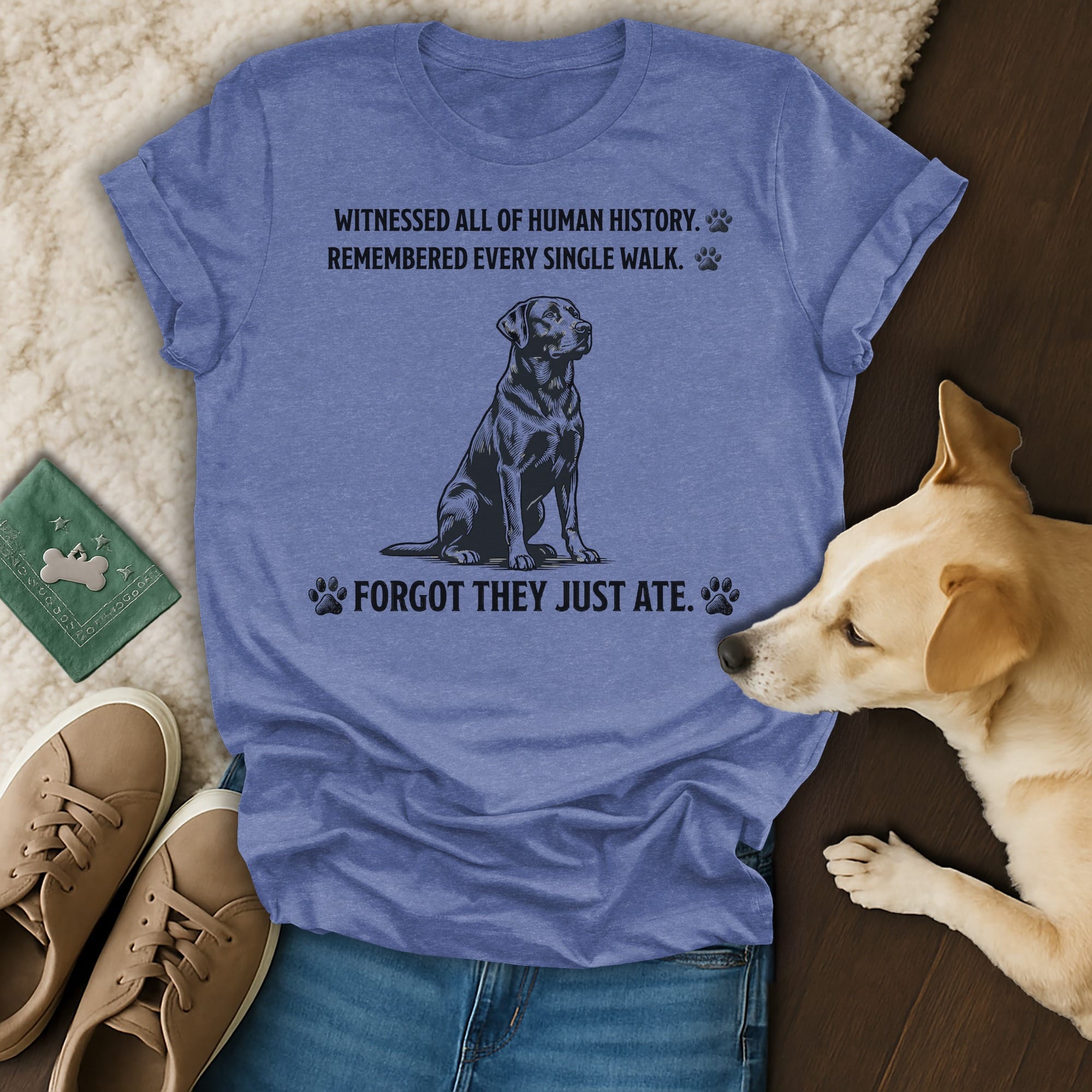 Blue t-shirt with text about witnessing history, remembering walks, and forgetting meals.