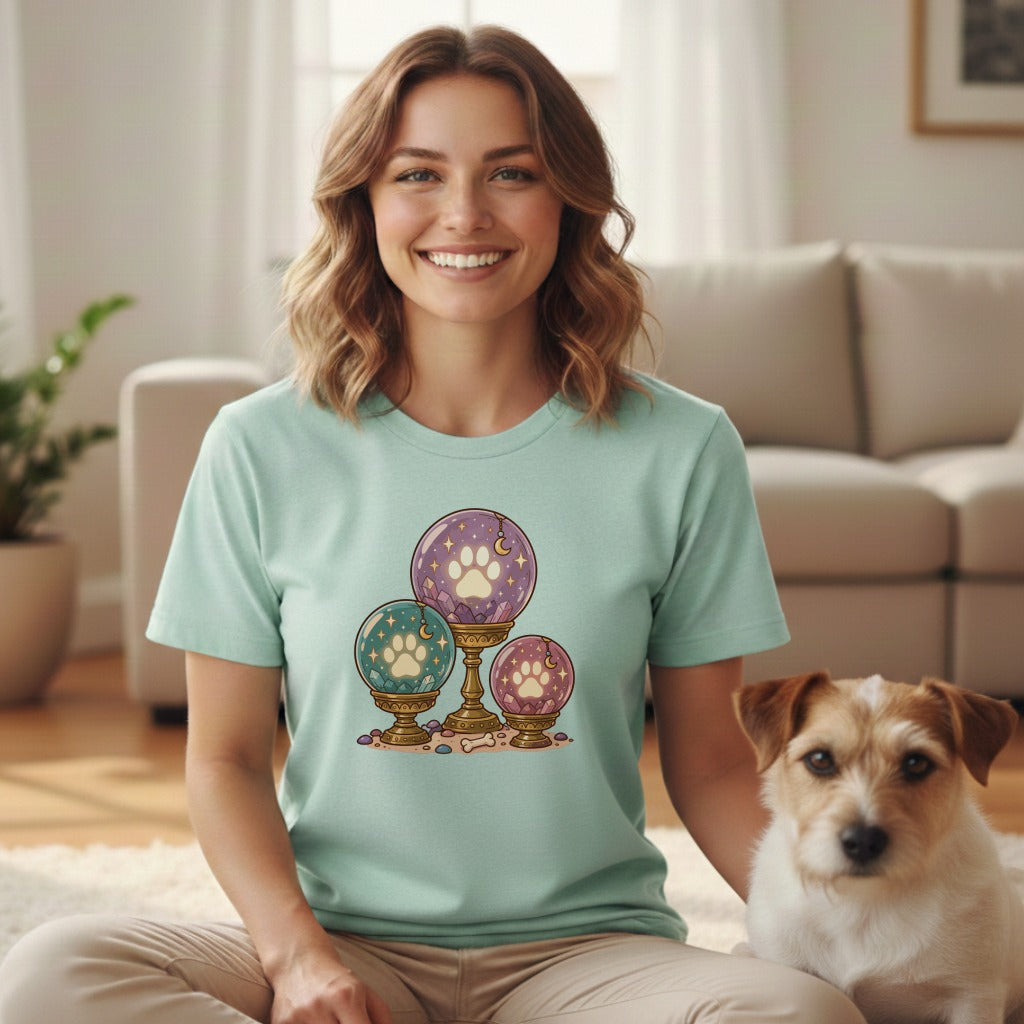 A smiling woman wears a mint green t-shirt with a crystal ball and paw print graphic, sitting next to a Jack Russell Terrier.