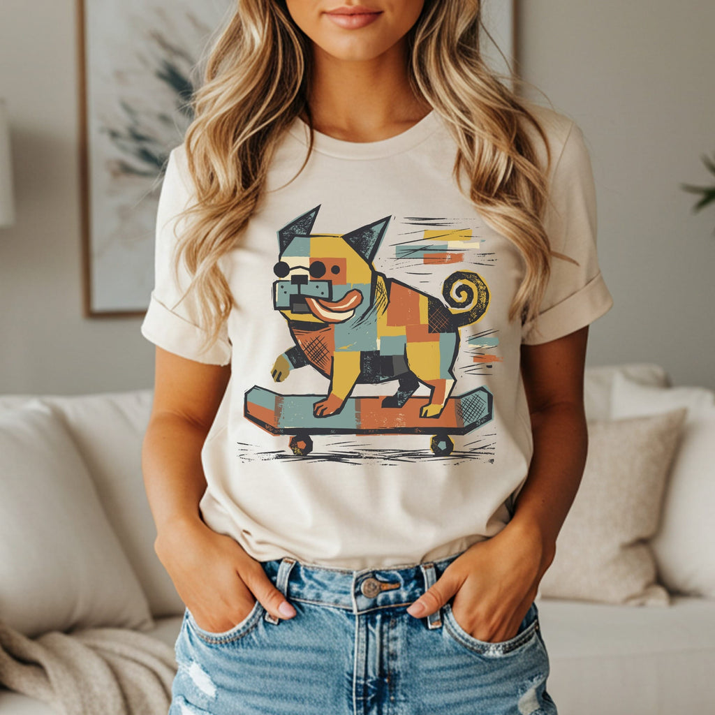 Dog with colorful geometric pattern on a skateboard.