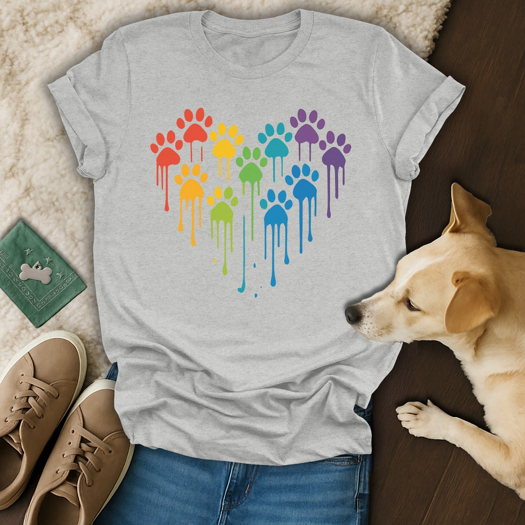 Colorful Dripping Paw Print Heart Design T-Shirt